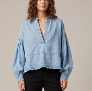 Free People Jude Denim Pullover Blouse Boho Slouchy Puff Sleeve V-Neck Size M